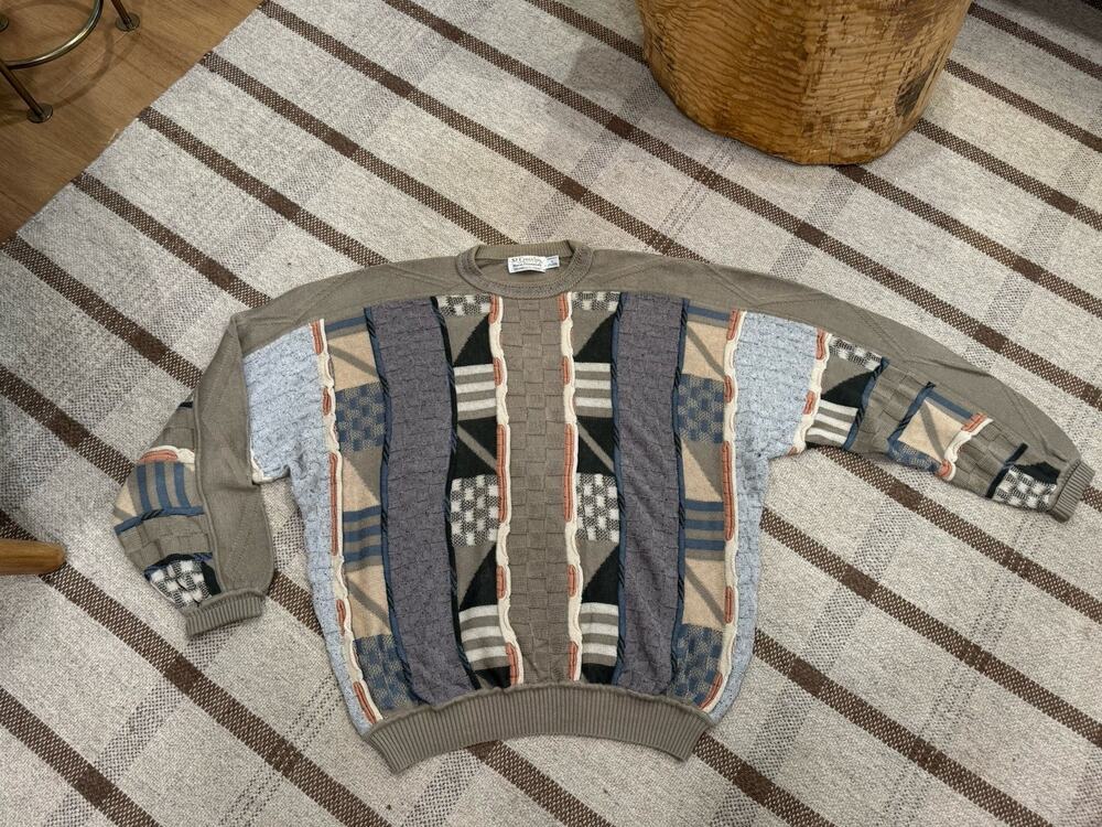 St Croix Norm Thompson Coogi Style Sweater Men’s Large Natural Tan Blue Knit VTG